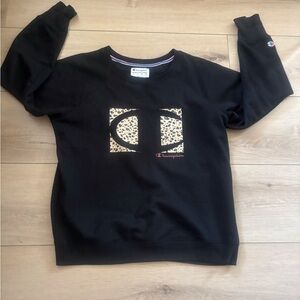 Champion Black Sweater with Leopard Print Logo